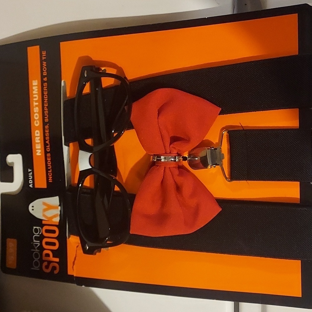 Adult Nerd Costume Black Glasses, Suspenders, Bow Tie NEW